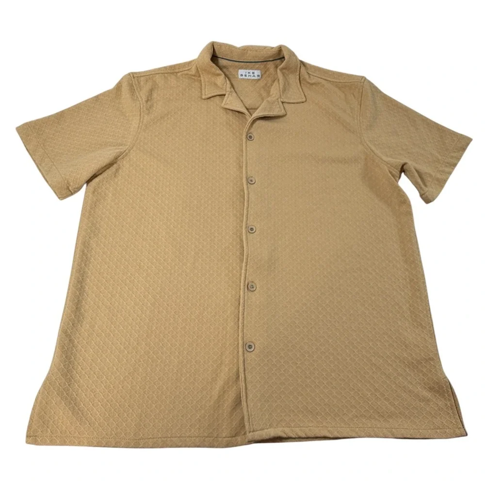 Ike Behar Mens Tan Diamond Textured Knit Short Sleeve Camp Collar Shirt XL